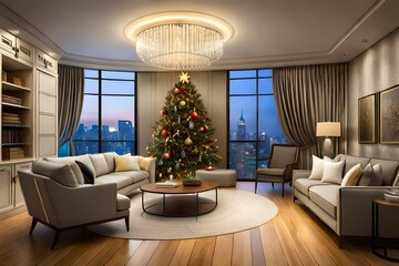 A beautifully decorated Christmas tree with twinkling lights and ornaments, standing in a cozy living room.