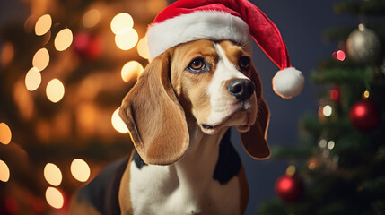 Beagle dog on christmas day wearing a christmas hat sat next to a christmas tree