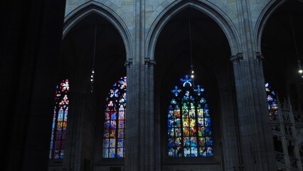 A colorful stained glass window at the cathedral of saint vitus, prague, czech republic