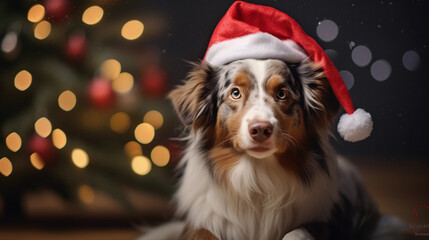 Australian Shepherd Dog dog on christmas day wearing a christmas hat sat next to a christmas tree