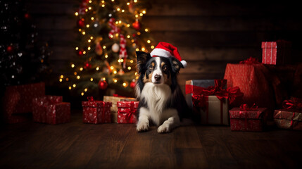 Border Collie dog on christmas day wearing a christmas hat sat next to a christmas tree