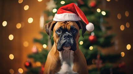 Boxer dog on christmas day wearing a christmas hat sat next to a christmas tree