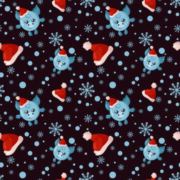 Funny kawaii Christmas celebration pig seamless pattern background. Colored holiday endless flat vector backdrop animal tracery for fabric, cloth, print, backsplash, textile or wrapping paper