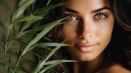 Beautiful young woman with green leaves looking at camera. closeup