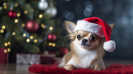 Chihuahua dog on christmas day wearing a christmas hat sat next to a christmas tree