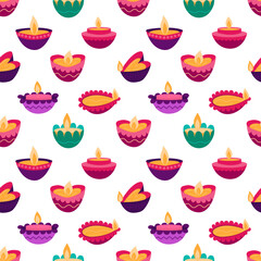 Diwali lamps vector seamless pattern. Flat style Diwali deepak festival lamps colored pattern