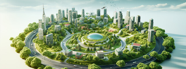 Green community with Digital smart city infrastructure and rapid data network. Digital city, smart society, minitiature homes and futuristic smart homes