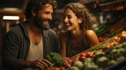 Cheerful young vegetarian couple happily choosing fresh vegetables in the store. - obrazy, fototapety, plakaty