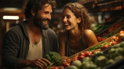 Fotobehang Cheerful young vegetarian couple happily choosing fresh vegetables in the store. © monvideo