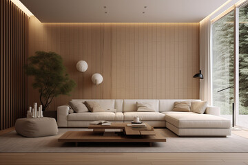 modern wooden walls and white floor in this living room