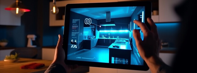 Augmented reality interface in futuristic smart home, concept of technology and sustainable development