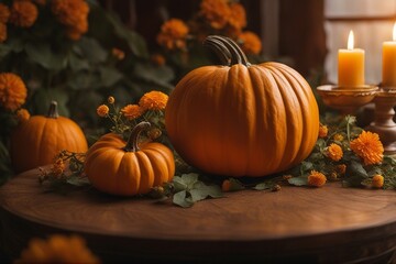 Halloween mystical background of a pumpkins with flowers close-up photography. Generative AI