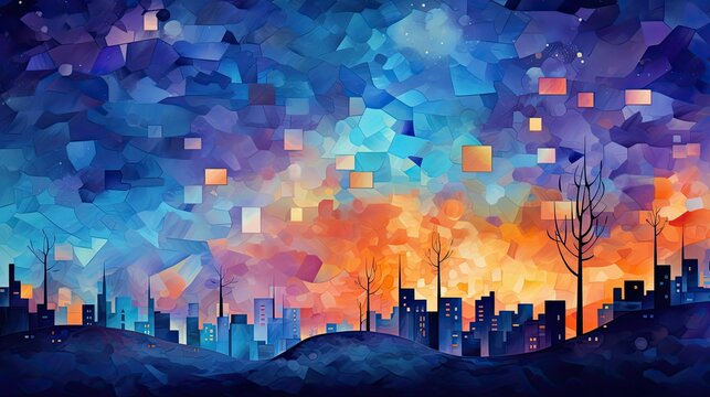 Abstract neon cityscape in watercolors, cyber banner for cyber monday or other digital background