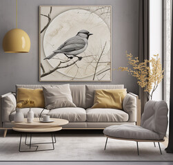 monochrome living room setting with wall art bird in beige