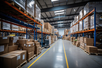 Retail warehouse with shelves on which are cardboard boxes, a store warehouse or a sorting room for product delivery