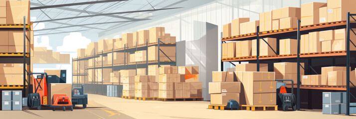 Retail warehouse with shelves on which are cardboard boxes, a store warehouse or a sorting room for product delivery, illustration banner