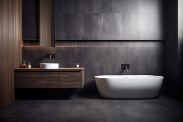 Dark bathroom interior with black wooden walls, white bathtub.
