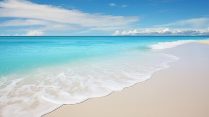: A pristine, white-sand beach stretching endlessly, lapped by gentle turquoise waves.