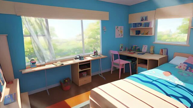 The interior of the bedroom is dominated by blue with light coming in through the window illustration design