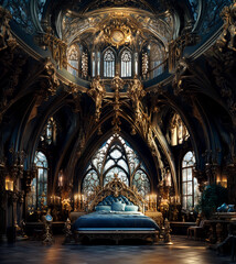 Gothic bedroom interior decorated in posh neoclassicism style with blue, black and golden tones