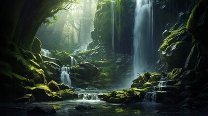 : A tranquil, hidden waterfall tucked away in a deep, mossy gorge, with sunlight streaming through the trees. - obrazy, fototapety, plakaty