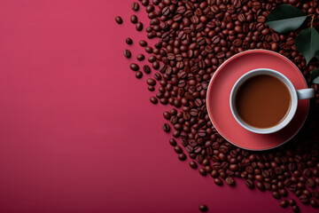 Creative flat lay of coffee accessories and cups background with empty space for text 