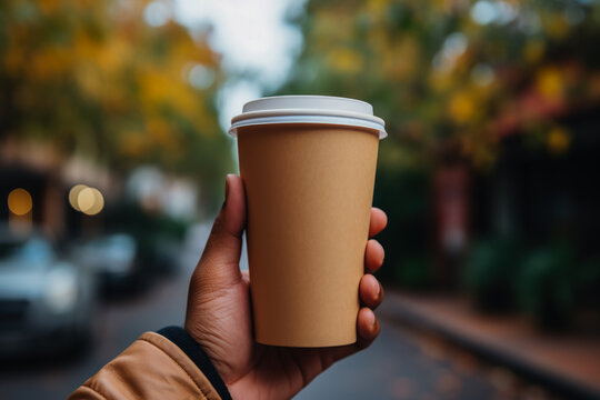 Hand holding a takeaway coffee cup evoking warmth and morning freshness 
