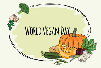 Vector illustration of a greeting card for World Vegan Day with various vegetables