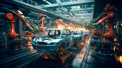 Naklejka premium automobile assembly production and industry, assembly shop for automobiles, with automated. Generative AI