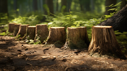Several tree stumps are lined up in a forest, surrounding a dirt path.