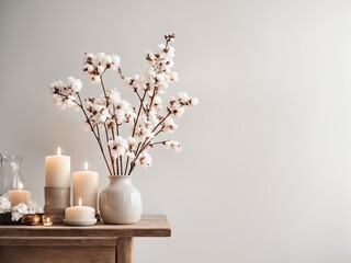 Stylish table with aroma candles and cotton flowers near light wall background photo.