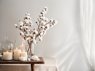 Stylish table with aroma candles and cotton flowers near light wall background photo.