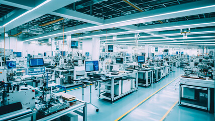Photo Electronics Manufacturing: Production of computers, smartphones, TVs and other electronics, factory in the process of assembly. Generative AI