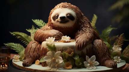 A cake designed as an adorable sloth, with impeccable detailing and a relaxed expression that captures the spirit of this gentle creature.