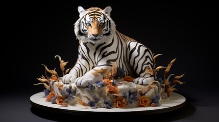 A cake that takes on the form of a fierce tiger, featuring lifelike stripes and a sense of wild beauty.