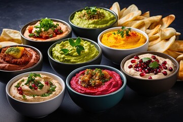 Variety of vibrant hummus bowls and dips including traditional herbs and beetroot Assorted meze and crispy pita Middle eastern snack set in a meze and snacks co