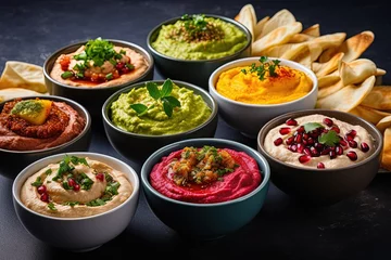 Foto op Aluminium Variety of vibrant hummus bowls and dips including traditional herbs and beetroot Assorted meze and crispy pita Middle eastern snack set in a meze and snacks co © The Big L