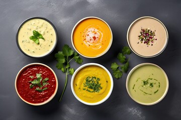 Various vegan cream soups with ample space for text in a wide view