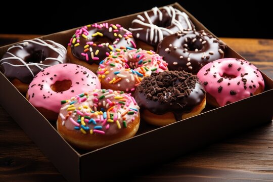 Varying donuts in a box with chosodate frosting pink glaze and sprinkles