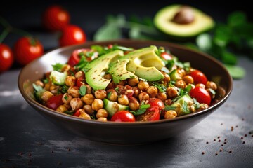 Vegan salad with roasted chickpeas avocado and tomatoes in a white bowl - obrazy, fototapety, plakaty