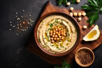 Vegetarian chickpea dishes flatlay with hummus on wooden plate and chickpeas in bowl Copy space available - obrazy, fototapety, plakaty