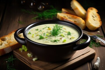 Vegetarian creamy potato and leek soup on rustic wooden background a comforting meal - obrazy, fototapety, plakaty