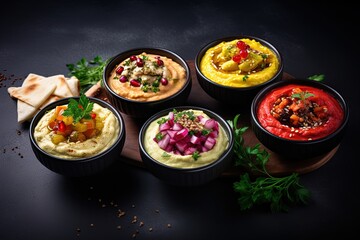 Vibrant vegan hummus bowls traditional meze with pita and snack set