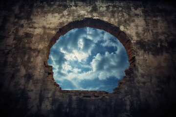 Vignette effect on an old wall with a keyhole glimpse of the sky