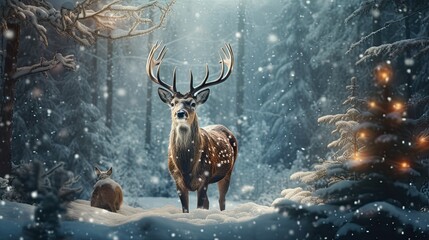 deer decorated with Christmas decorations in a serene winter forest. a deer stands among snow-covered trees, decorated with holiday decorations, - Powered by Adobe