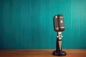 Vintage mic on wooden table with turquoise wall backdrop