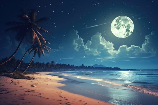 Vintage retro artwork of a beautiful tropical beach with a starry night sky and a full moon