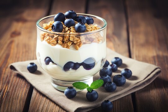 Vintage style glass bowl contains yogurt topped with granola and fresh blueberries placed on a weathered wooden surface