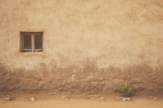 Vintage toned photograph of an adobe house with a muddy background