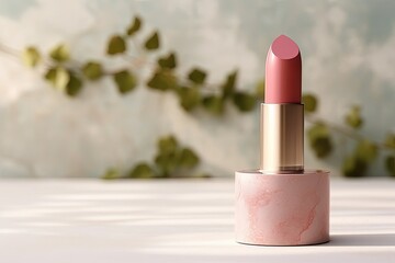Wabisabi style mockup Pink lipstick on a white podium with shadows beige natural background - obrazy, fototapety, plakaty